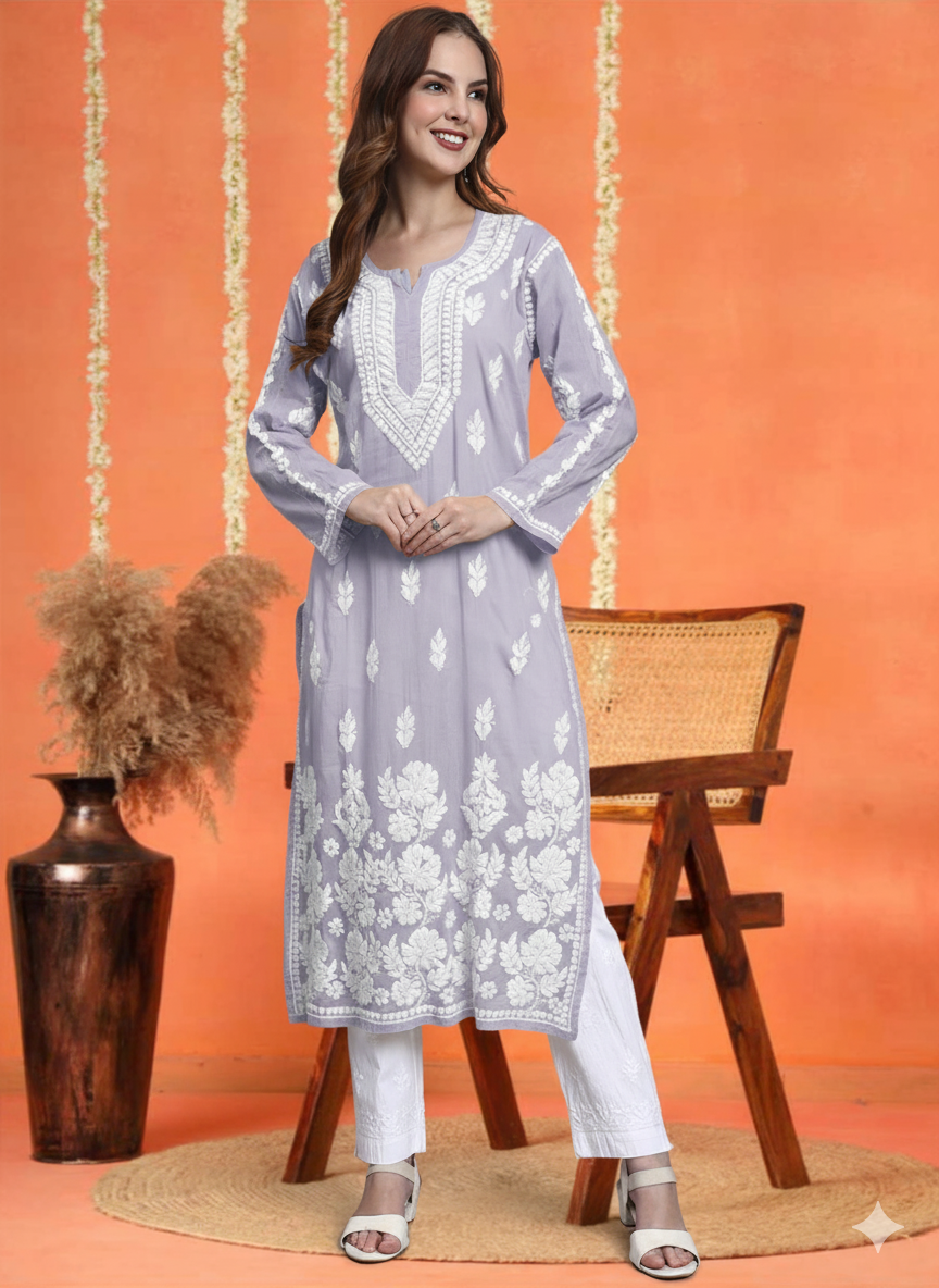Women Hand Embroidered Chikankari Mulmul Kurti -AL3723 Mauve