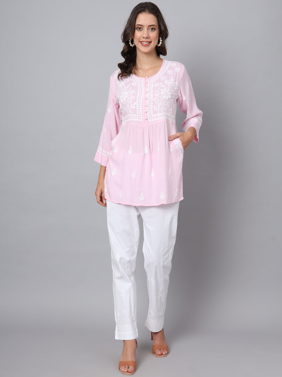 Women Hand Embroidered Chikankari Rayon Kurti-AL3696 Pink