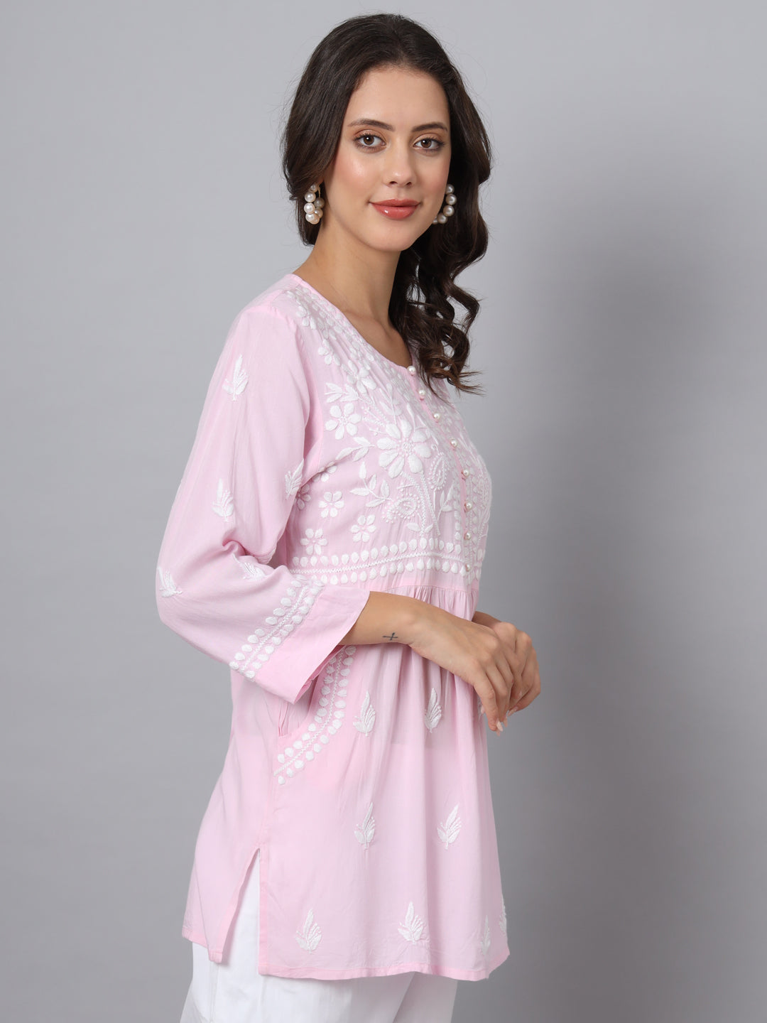 Women Hand Embroidered Chikankari Rayon Kurti-AL3696 Pink