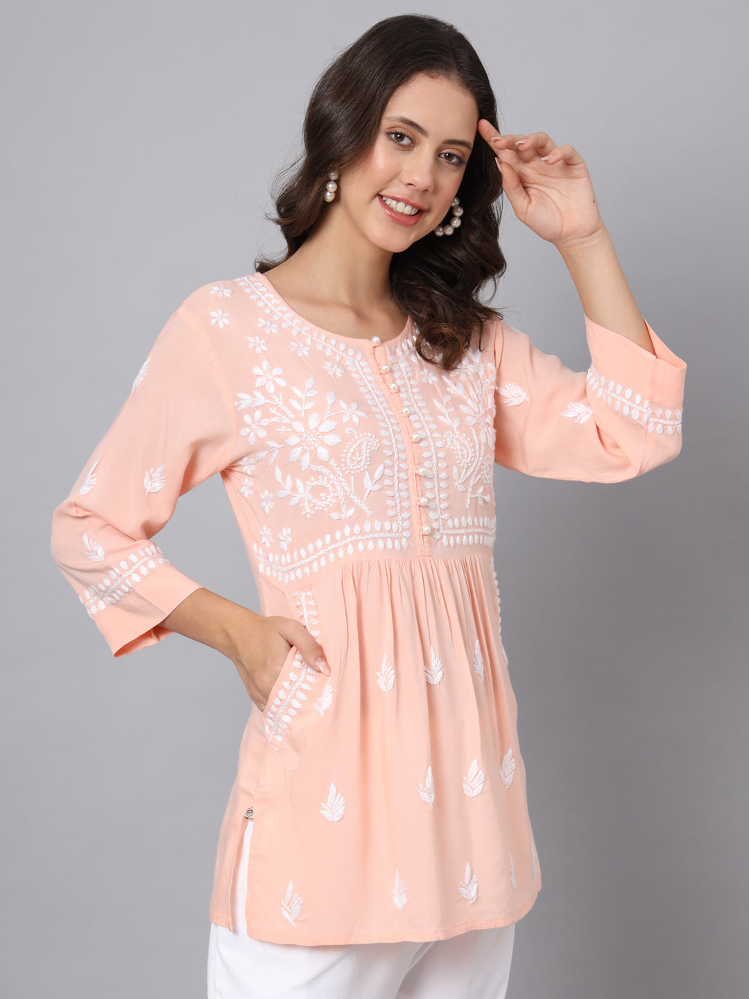 Women Hand Embroidered Chikankari Rayon Kurti with Pockets-AL3696 Peach