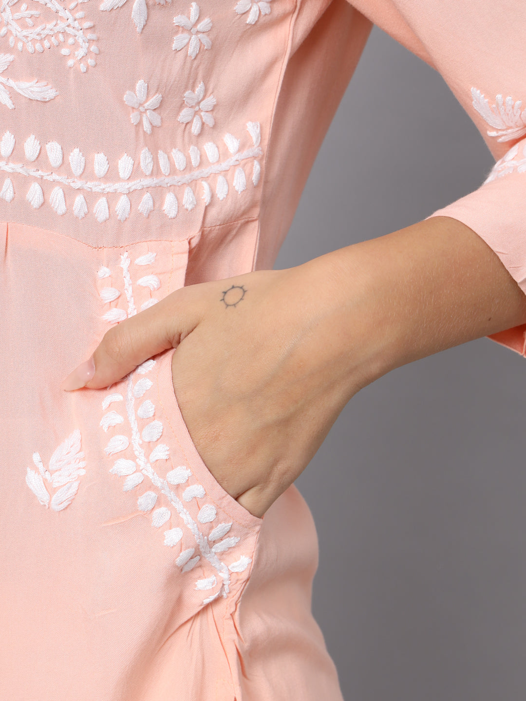 Women Hand Embroidered Chikankari Rayon Kurti with Pockets-AL3696 Peach