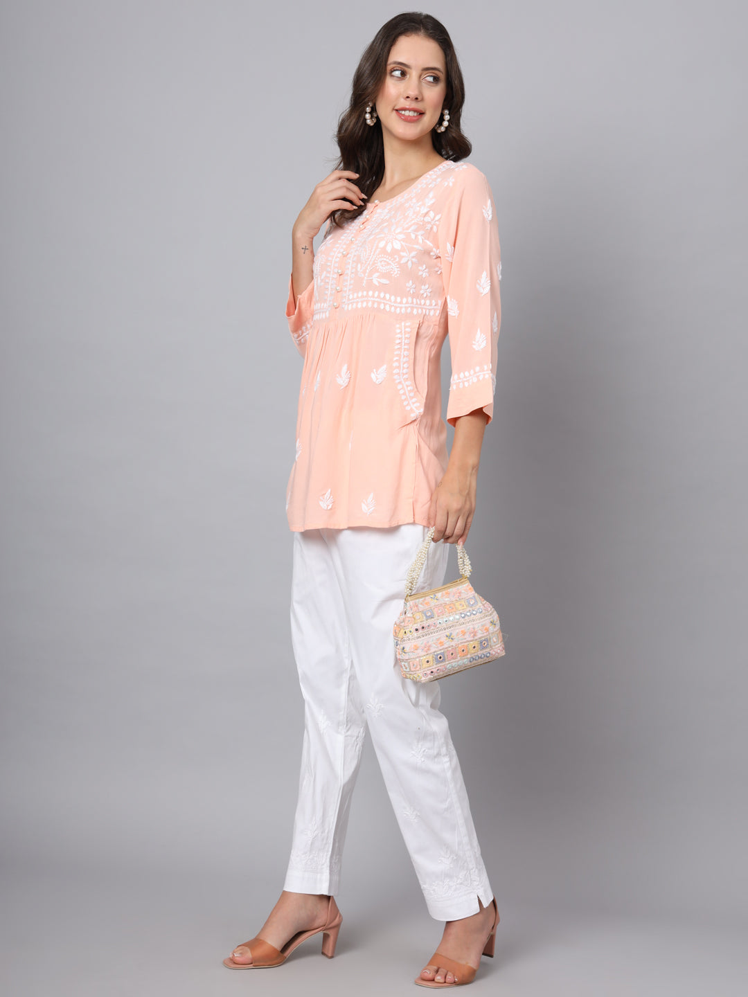 Women Hand Embroidered Chikankari Rayon Kurti with Pockets-AL3696 Peach