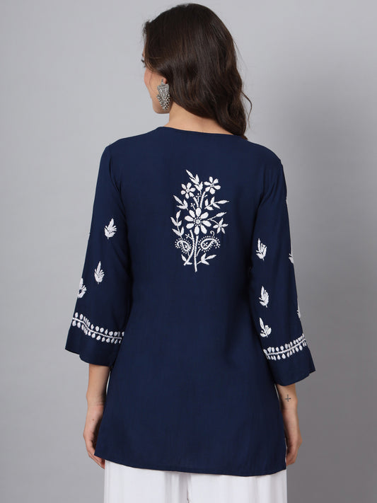Women Hand Embroidered Chikankari Rayon Kurti-AL3696 Navy