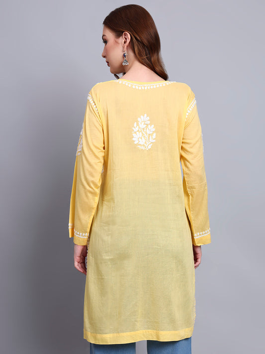 Women Hand Embroidered Chikankari Cotton Kurti -AL3685 Yellow