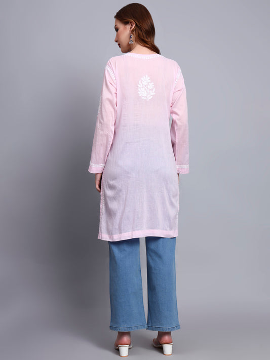Women Hand Embroidered Chikankari Cotton Kurti -AL3685 Pink