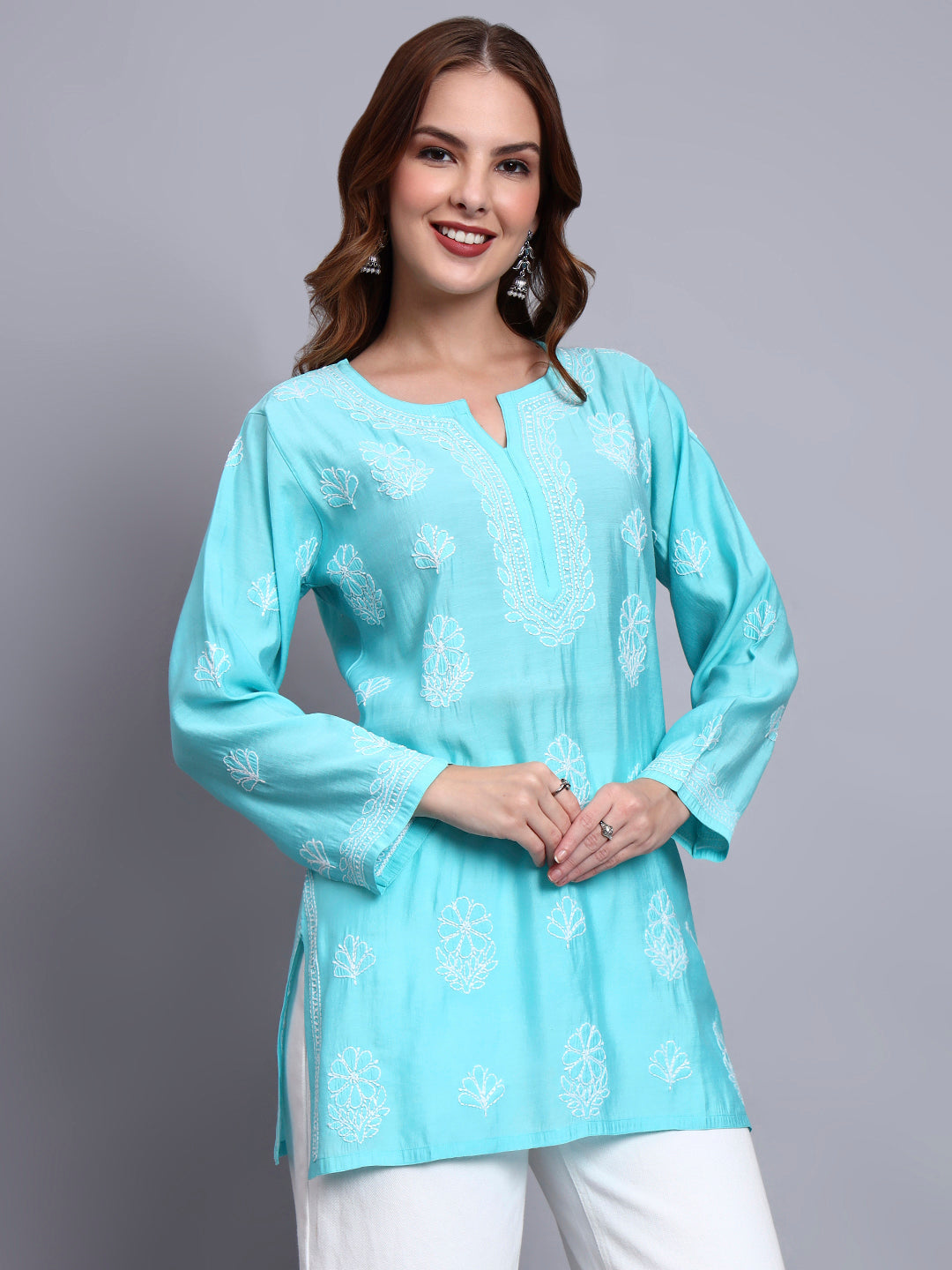 Women Hand Embroidered Chikankari Chanderi Short Kurti-AL4090 Sky Blue