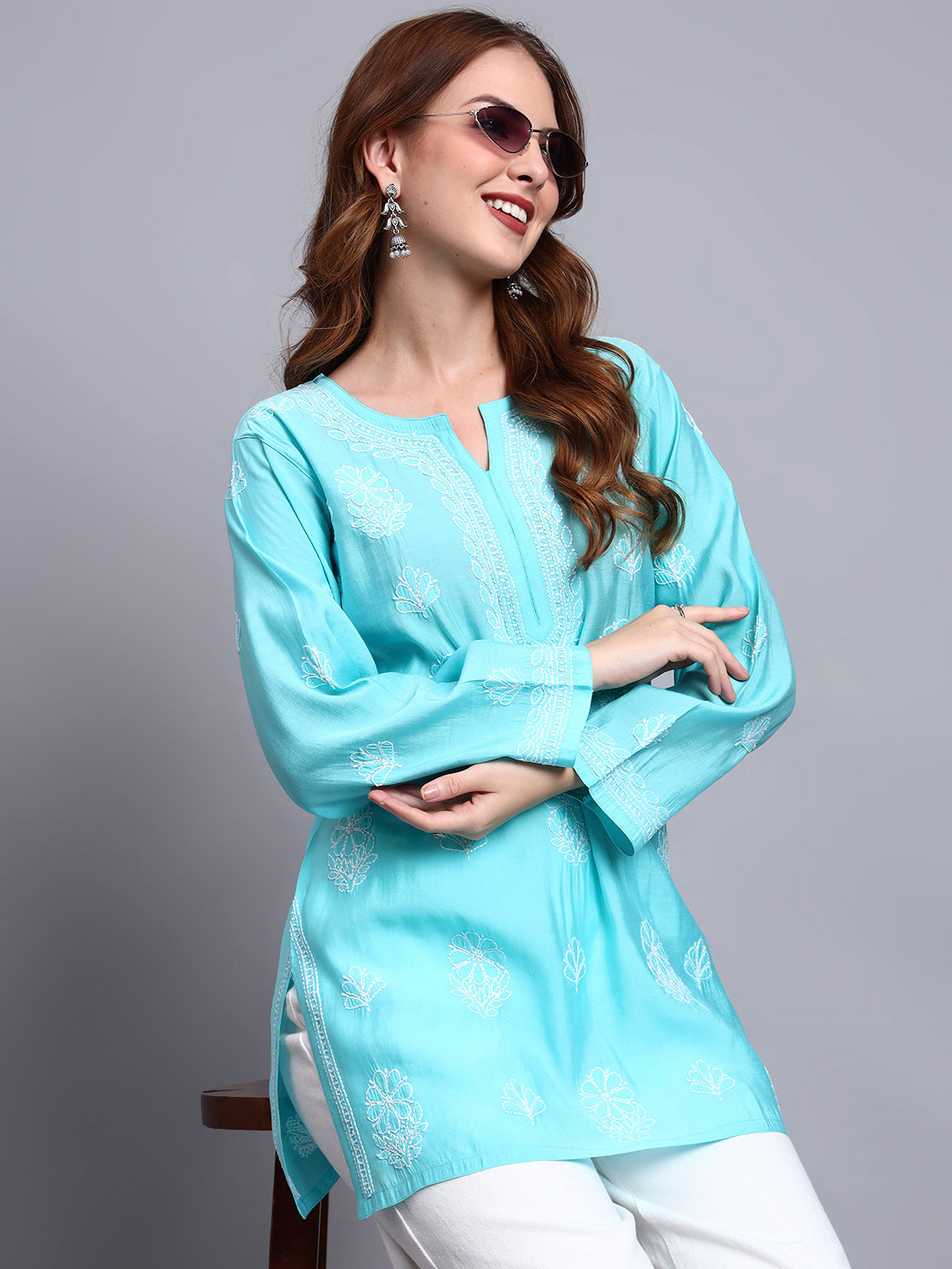 Women Hand Embroidered Chikankari Chanderi Short Kurti-AL4090 Sky Blue