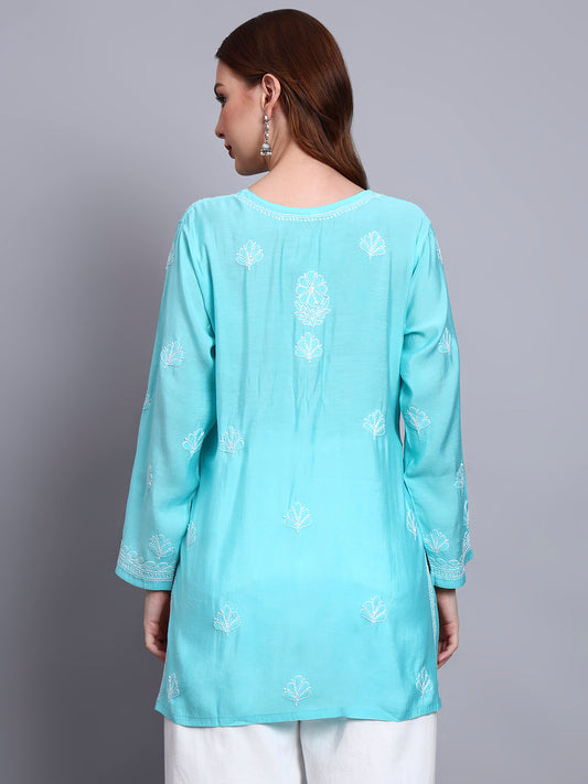 Women Hand Embroidered Chikankari Chanderi Short Kurti-AL4090 Sky Blue