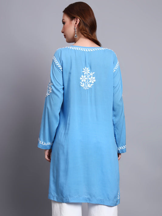 Women Hand Embroidered Chikankari Modal Kurti -AL3702 Blue