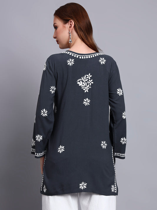 Women Hand Embroidered Chikankari Rayon Short Kurti-AL4071 Grey