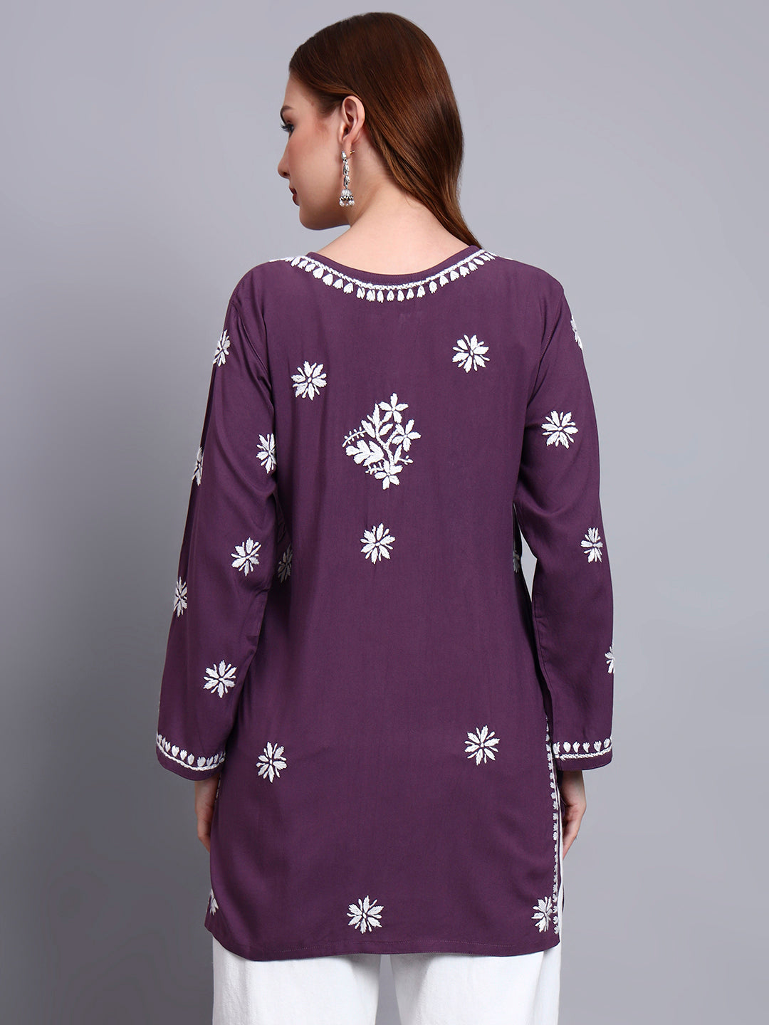 Women Hand Embroidered Chikankari Rayon Short Kurti-AL4071 Violet