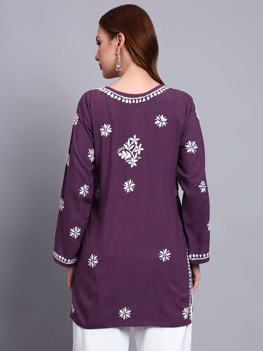 Women Hand Embroidered Chikankari Rayon Short Kurti-AL4071 Violet