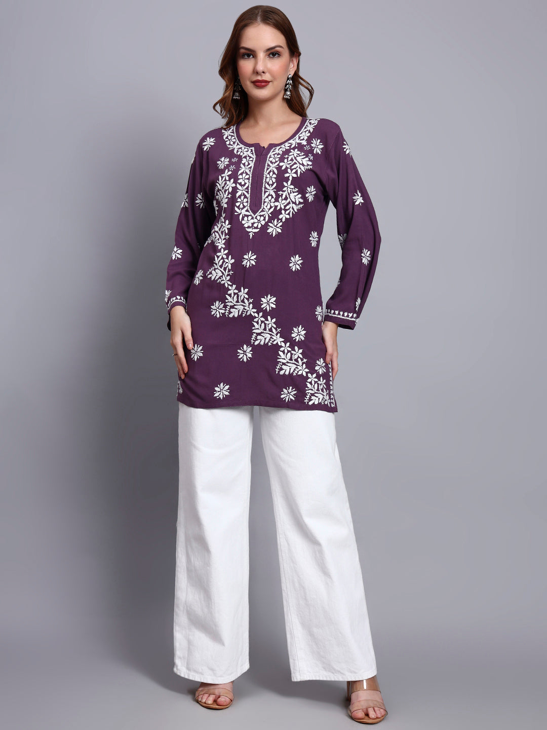 Women Hand Embroidered Chikankari Rayon Short Kurti-AL4071 Violet