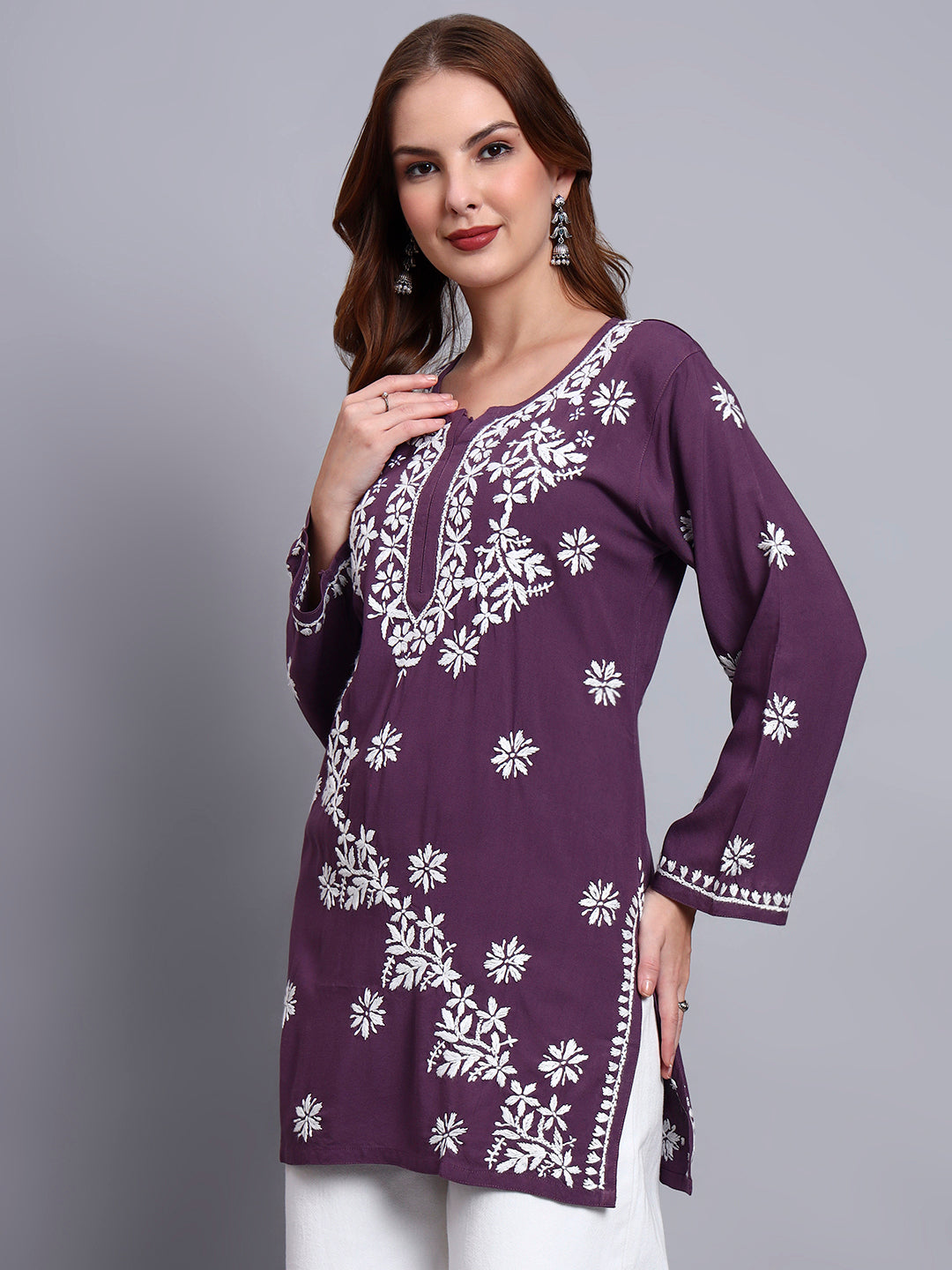 Women Hand Embroidered Chikankari Rayon Short Kurti-AL4071 Violet