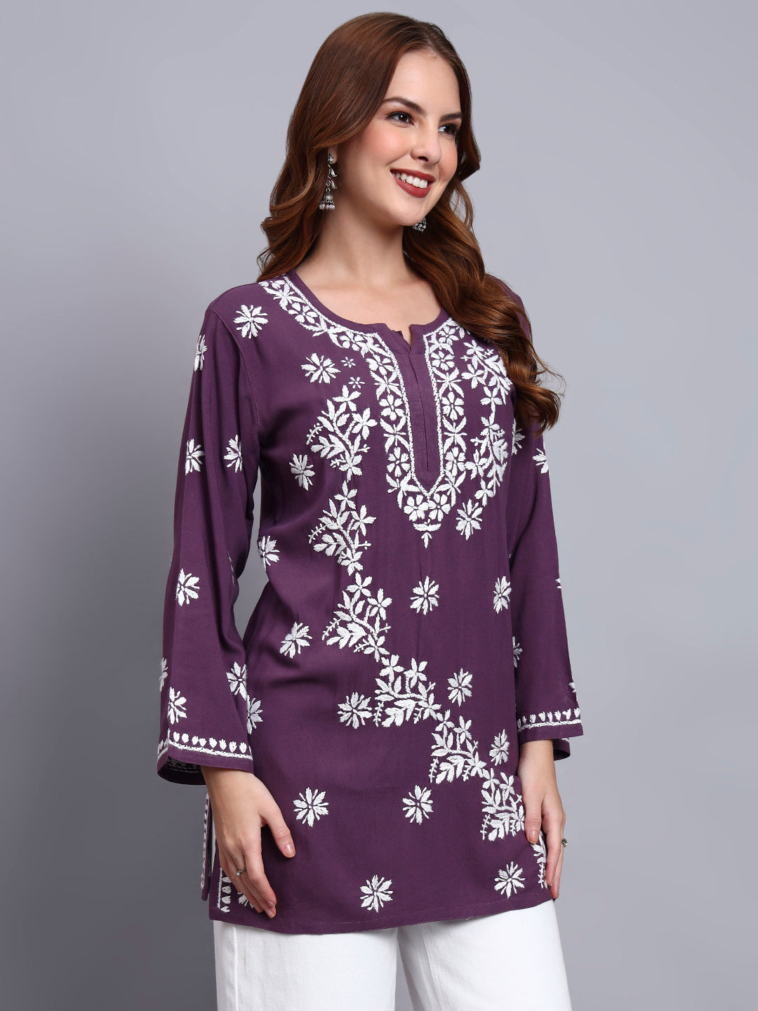 Women Hand Embroidered Chikankari Rayon Short Kurti-AL4071 Violet