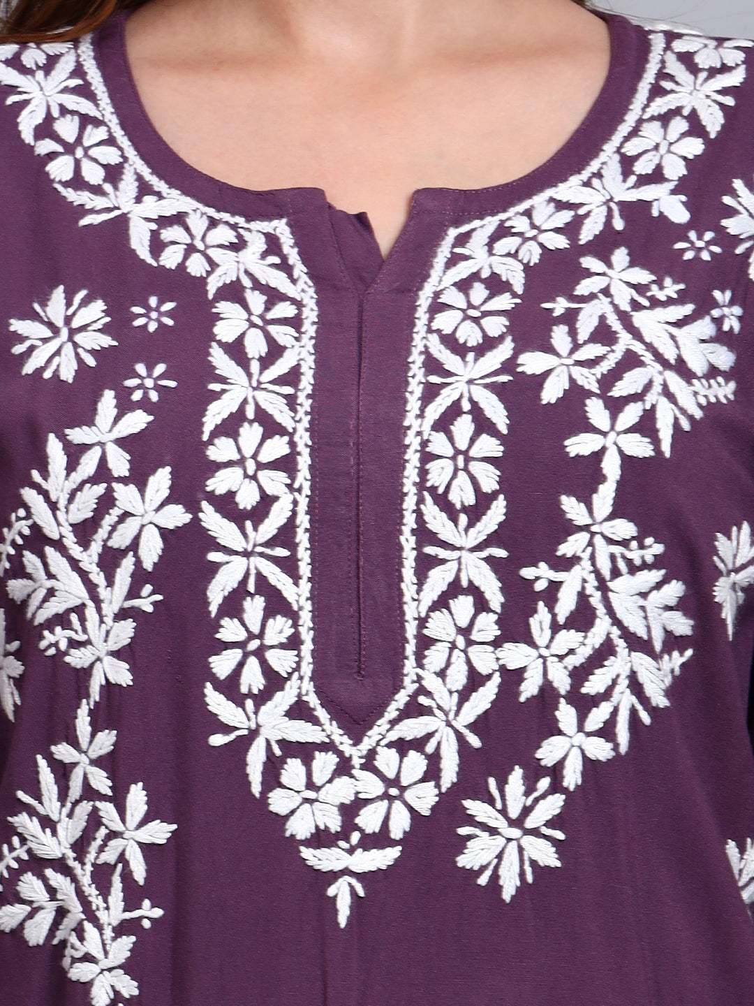 Women Hand Embroidered Chikankari Rayon Short Kurti-AL4071 Violet