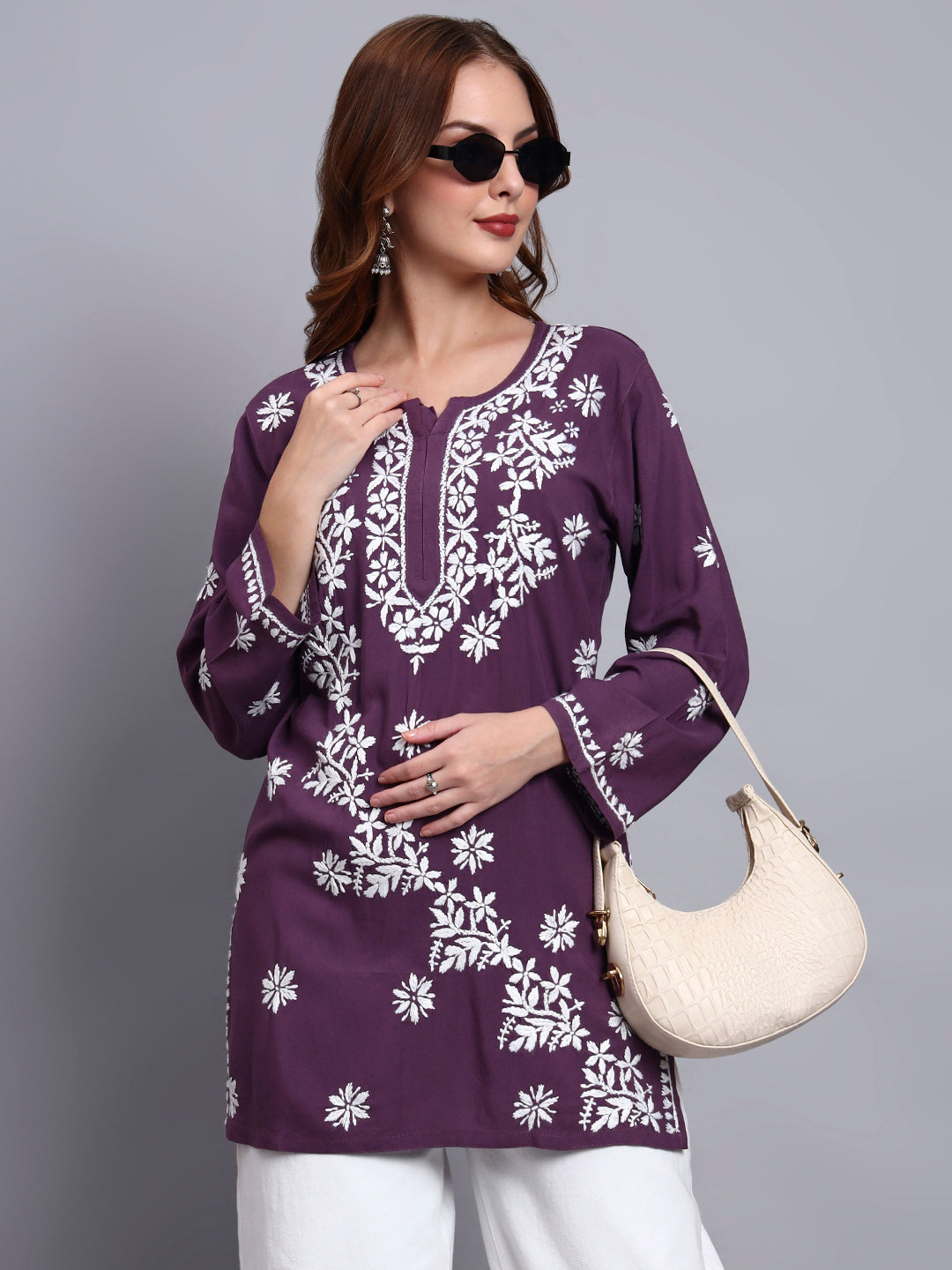 Women Hand Embroidered Chikankari Rayon Short Kurti-AL4071 Violet