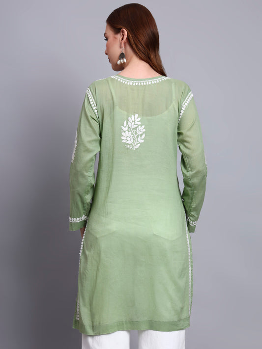 Women Hand Embroidered Chikankari Cotton Kurti -AL3685 Green