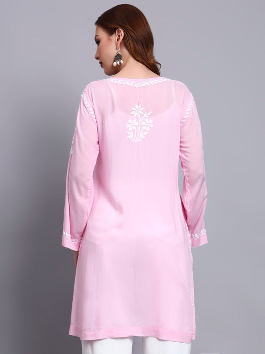Women Hand Embroidered Chikankari Modal Kurti -AL3702 Pink