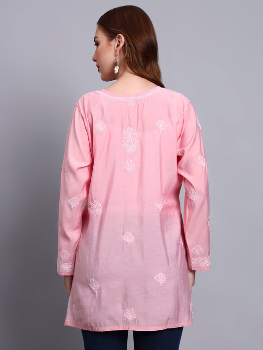 Women Hand Embroidered Chikankari Chanderi Short Kurti-AL4090 Pink