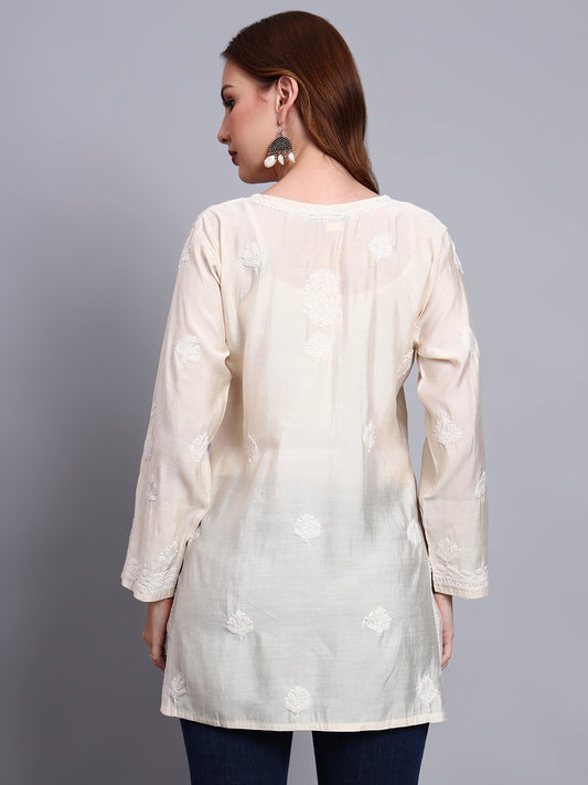Women Hand Embroidered Chikankari Chanderi Short Kurti-AL4090 Beige