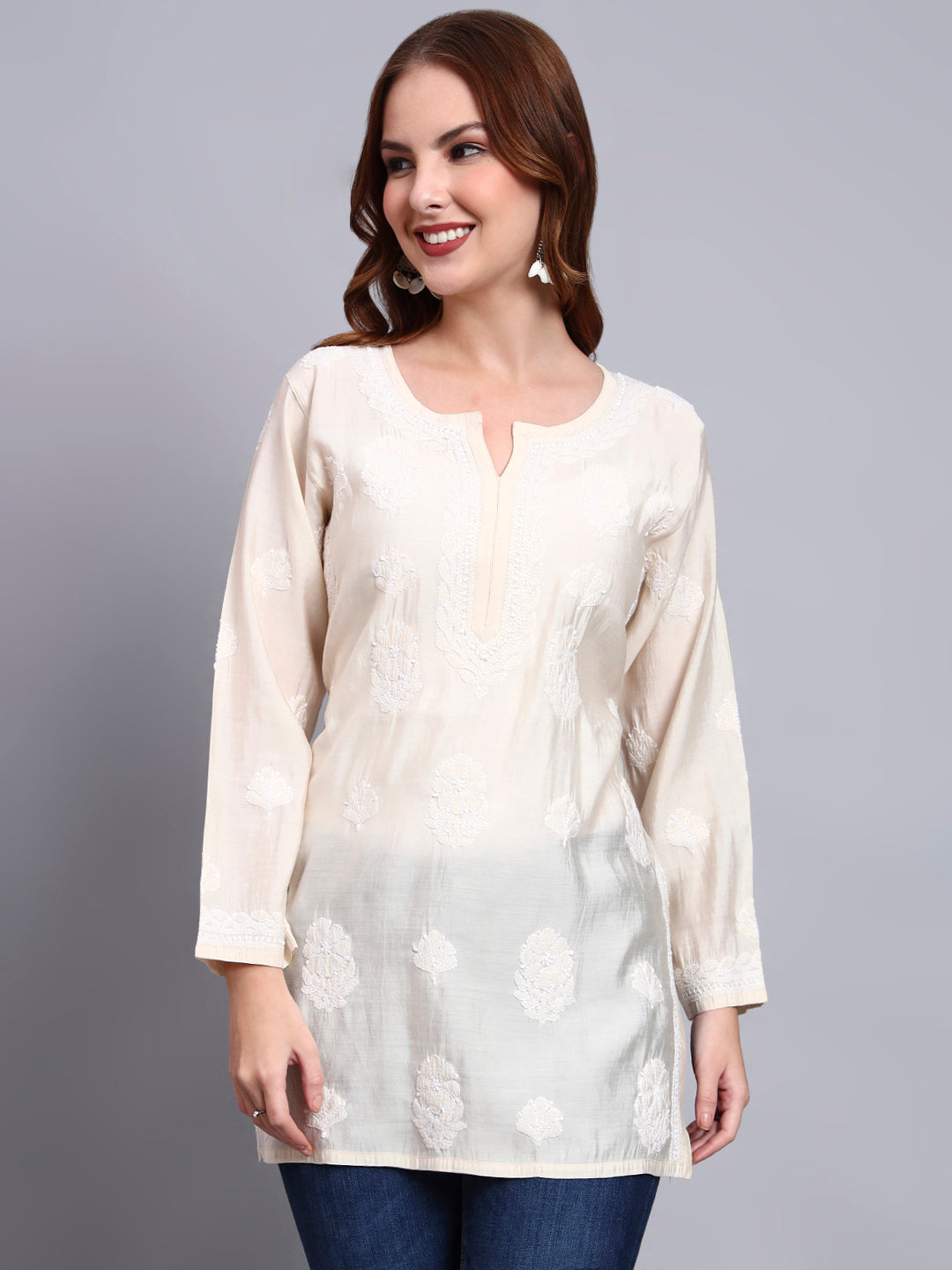 Women Hand Embroidered Chikankari Chanderi Short Kurti-AL4090 Beige