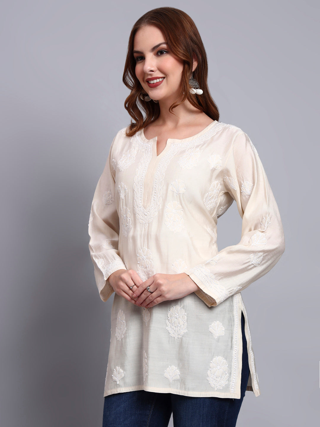 Women Hand Embroidered Chikankari Chanderi Short Kurti-AL4090 Beige