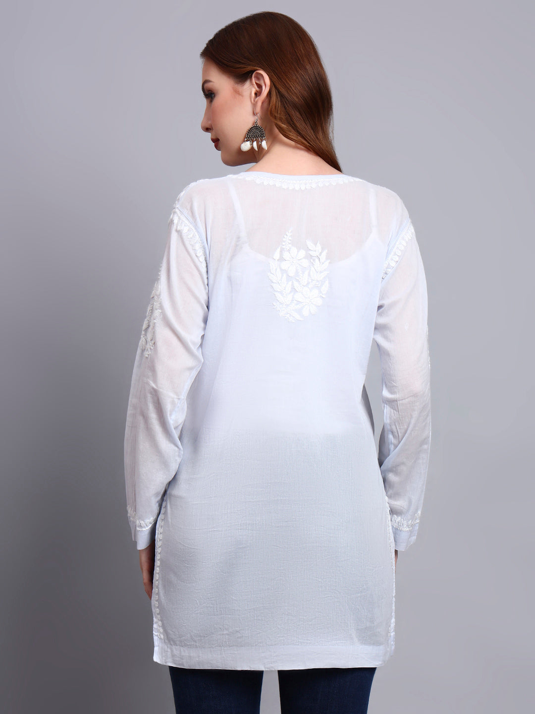Women Hand Embroidered Chikankari Mulmul Short Top -AL3724 Lavender