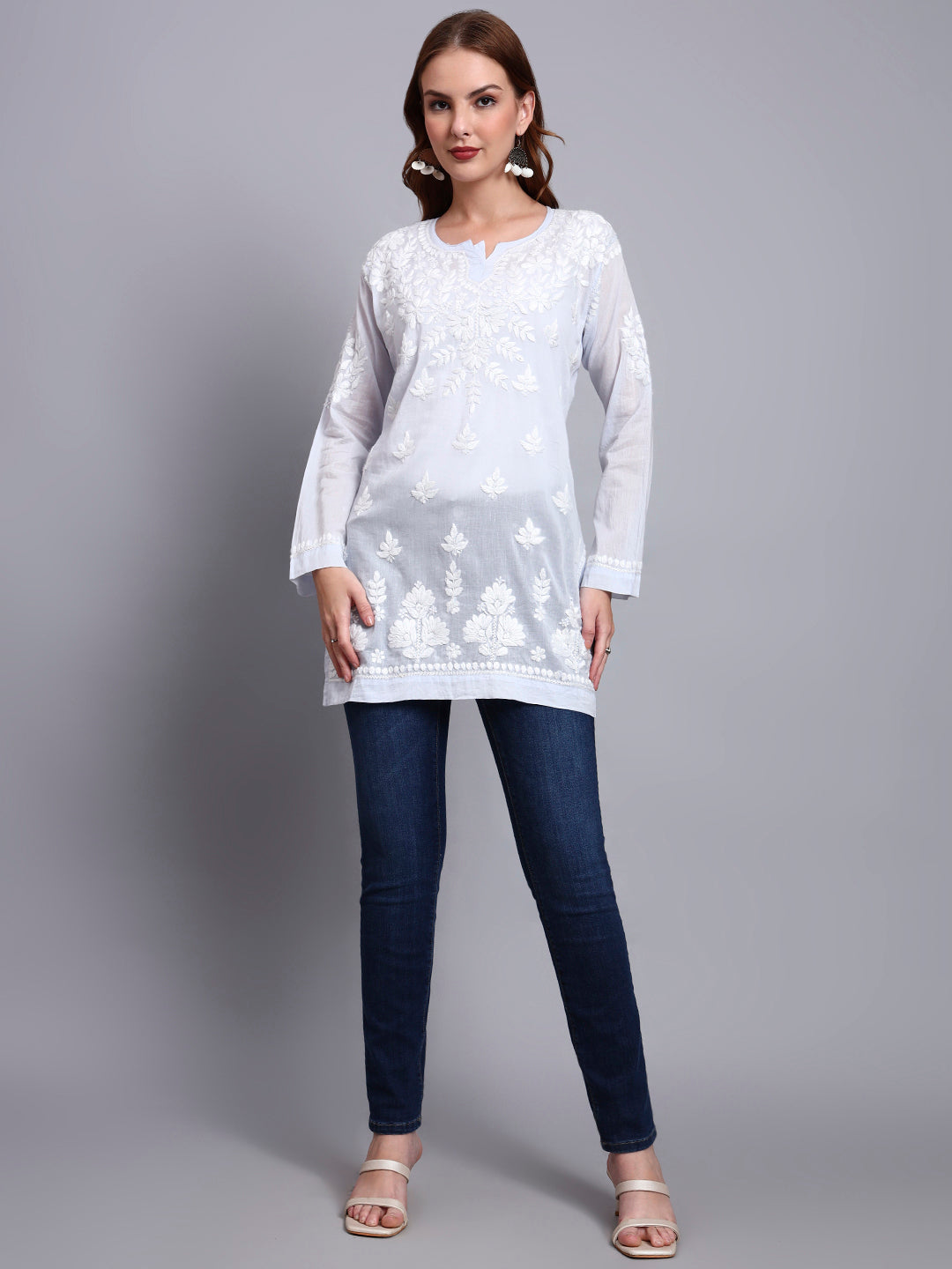 Women Hand Embroidered Chikankari Mulmul Short Top -AL3724 Lavender