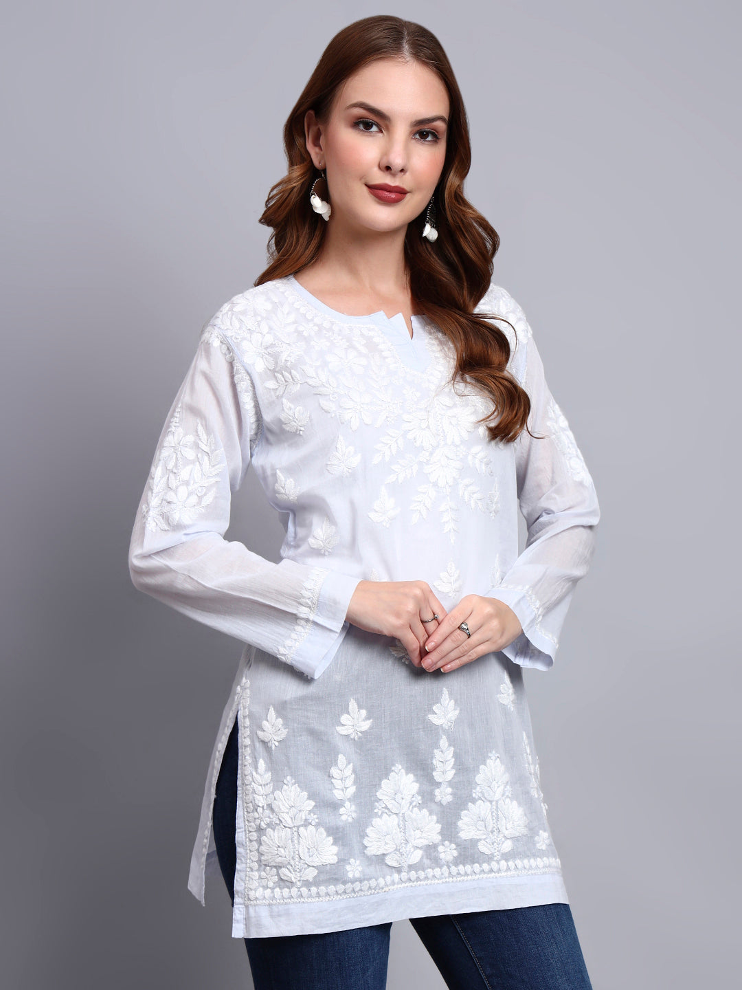 Women Hand Embroidered Chikankari Mulmul Short Top -AL3724 Lavender