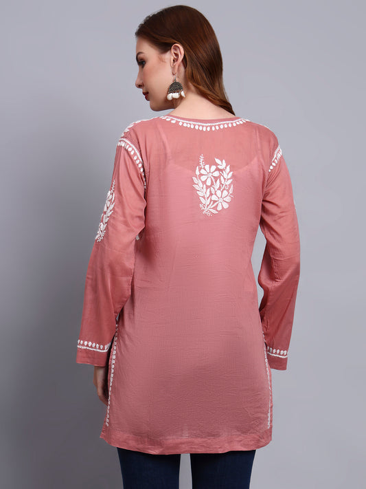 Women Hand Embroidered Chikankari Mulmul Short Top -AL3724 Rust