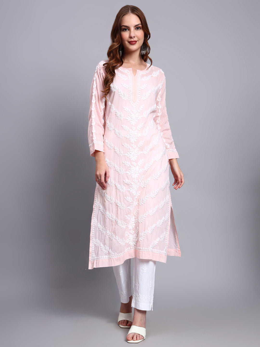 Women Hand Embroidered Chikankari Mulmul Kurti -AL3757 Peach