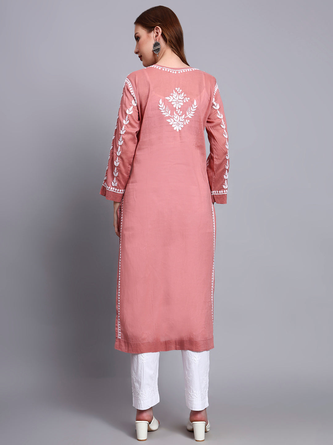 Women Hand Embroidered Chikankari Mulmul Kurta -AL3757 Rust
