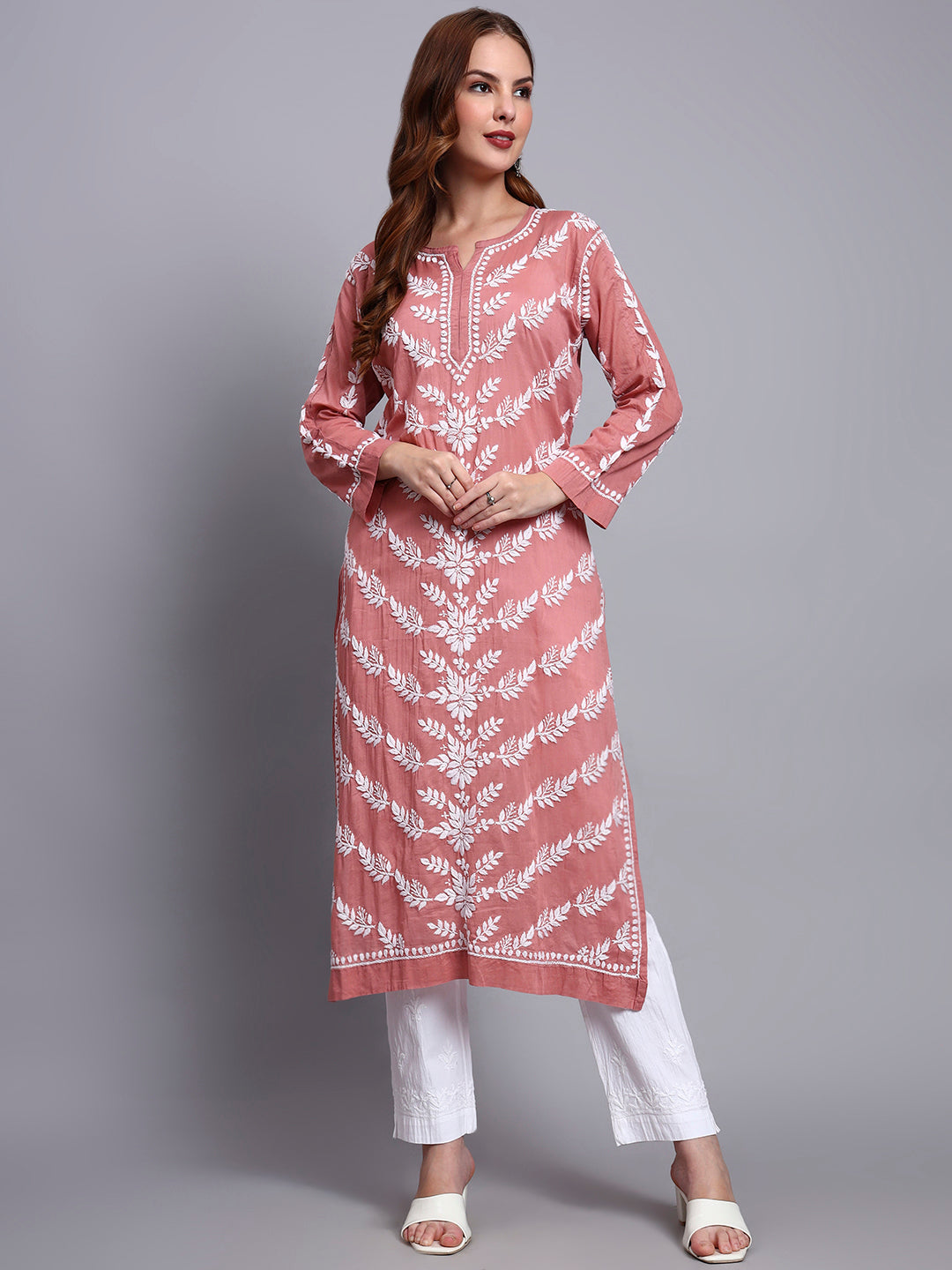 Women Hand Embroidered Chikankari Mulmul Kurta -AL3757 Rust