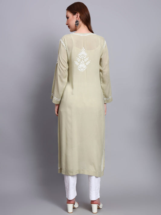 Hand Embroidered Chikankari Modal Straight Kurta-AL3683 Olivegreen