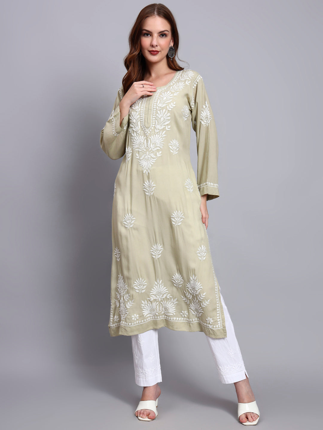 Hand Embroidered Chikankari Modal Straight Kurta-AL3683 Olivegreen