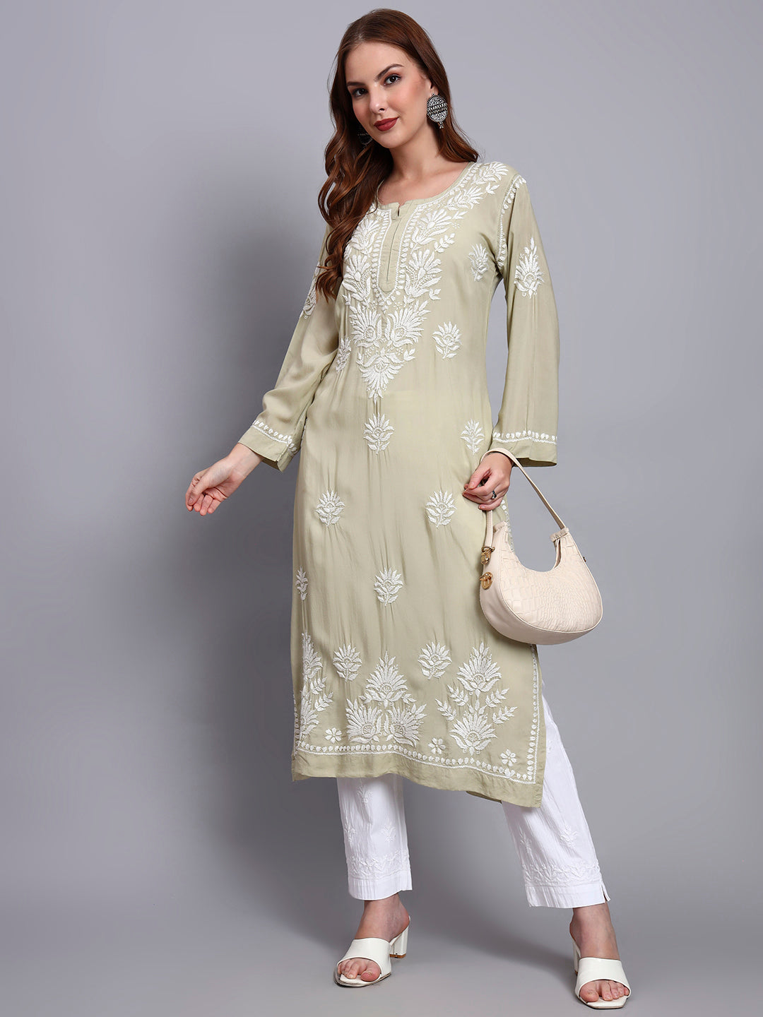 Hand Embroidered Chikankari Modal Straight Kurta-AL3683 Olivegreen
