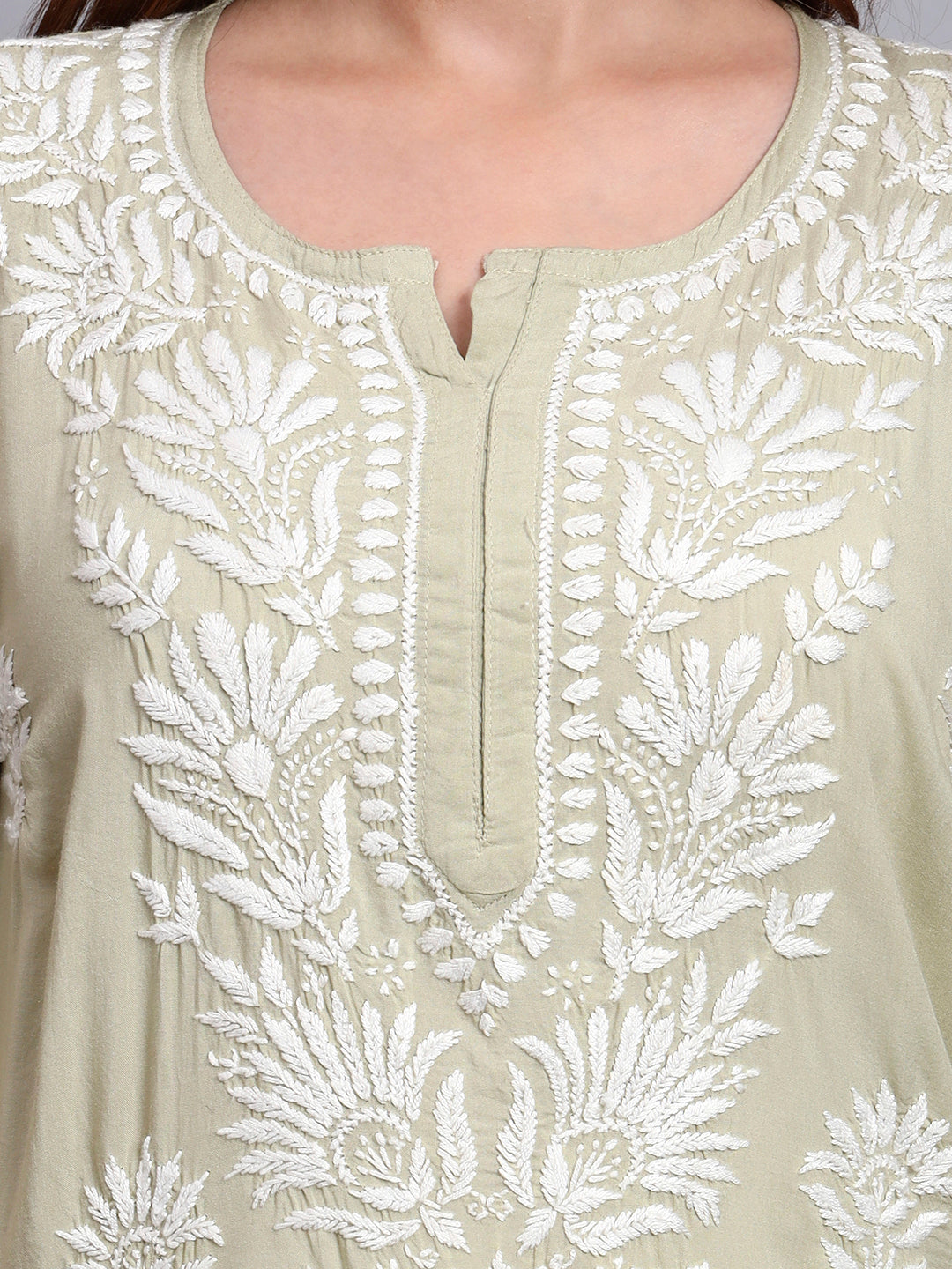 Hand Embroidered Chikankari Modal Straight Kurta-AL3683 Olivegreen