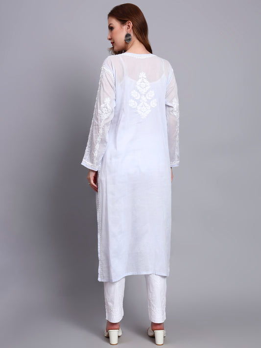 Women Hand Embroidered Chikankari Mulmul Kurti -AL3723 Lavender