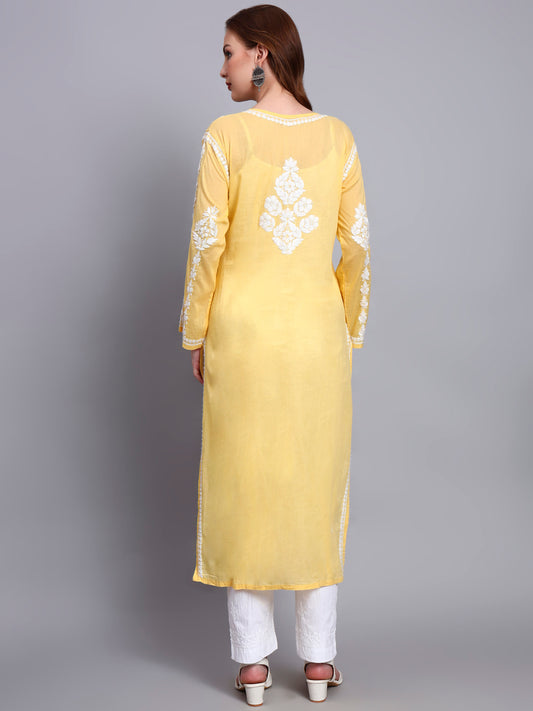 Women Hand Embroidered Chikankari Mulmul Kurti -AL3723 Yellow