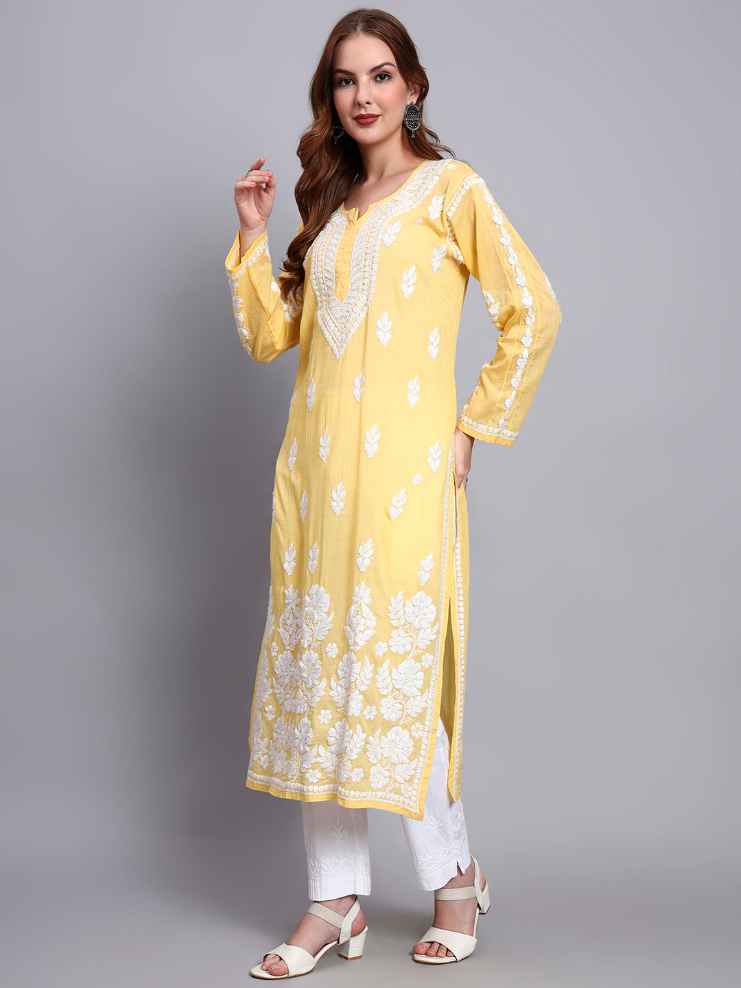 Women Hand Embroidered Chikankari Mulmul Kurti -AL3723 Yellow