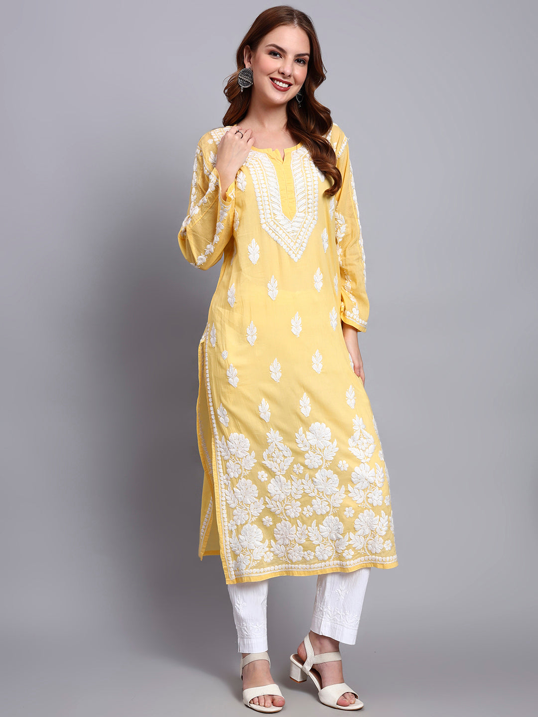 Women Hand Embroidered Chikankari Mulmul Kurti -AL3723 Yellow