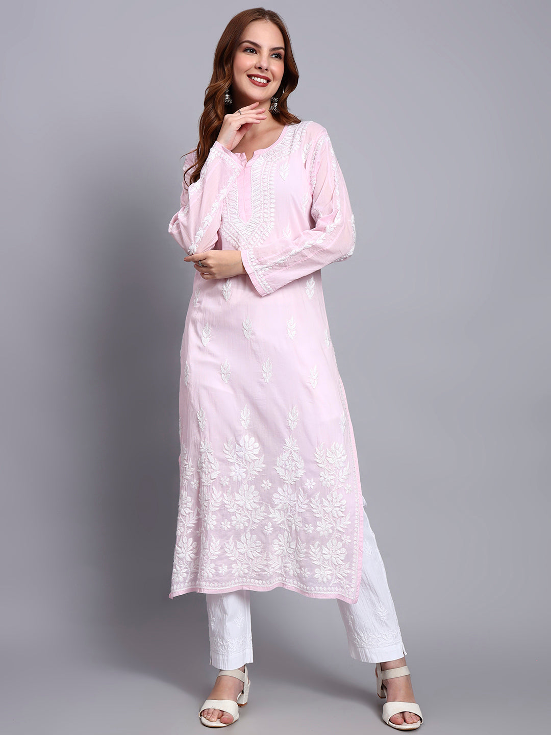 Women Hand Embroidered Chikankari Mulmul Kurti -AL3723 Pink