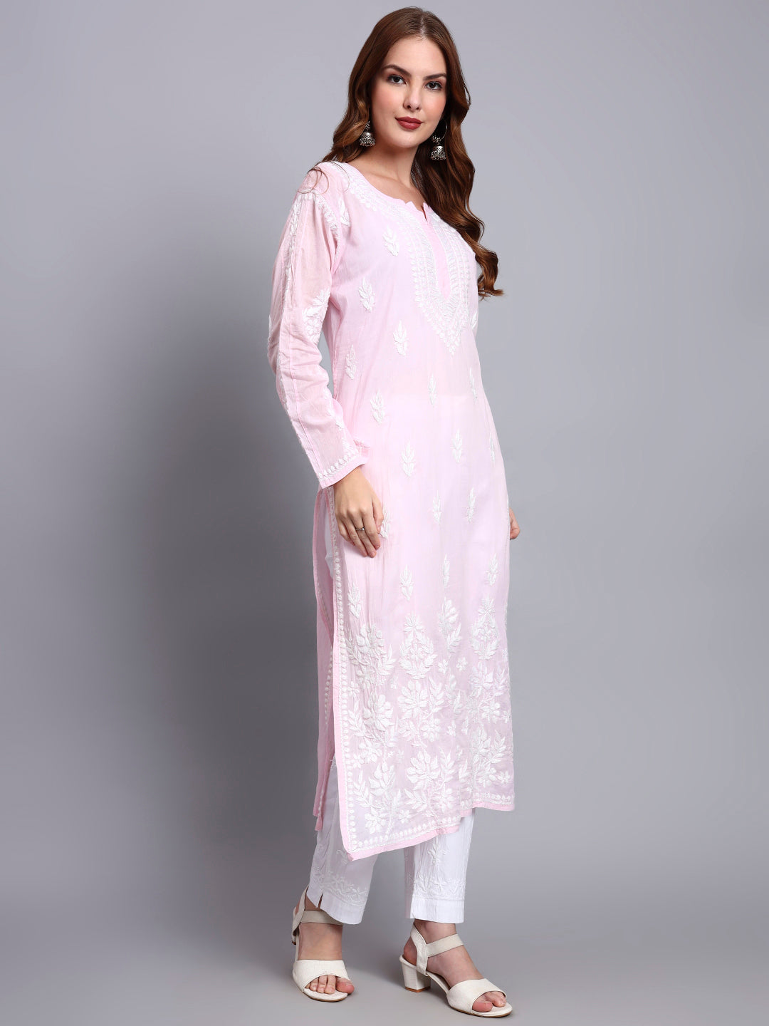 Women Hand Embroidered Chikankari Mulmul Kurti -AL3723 Pink