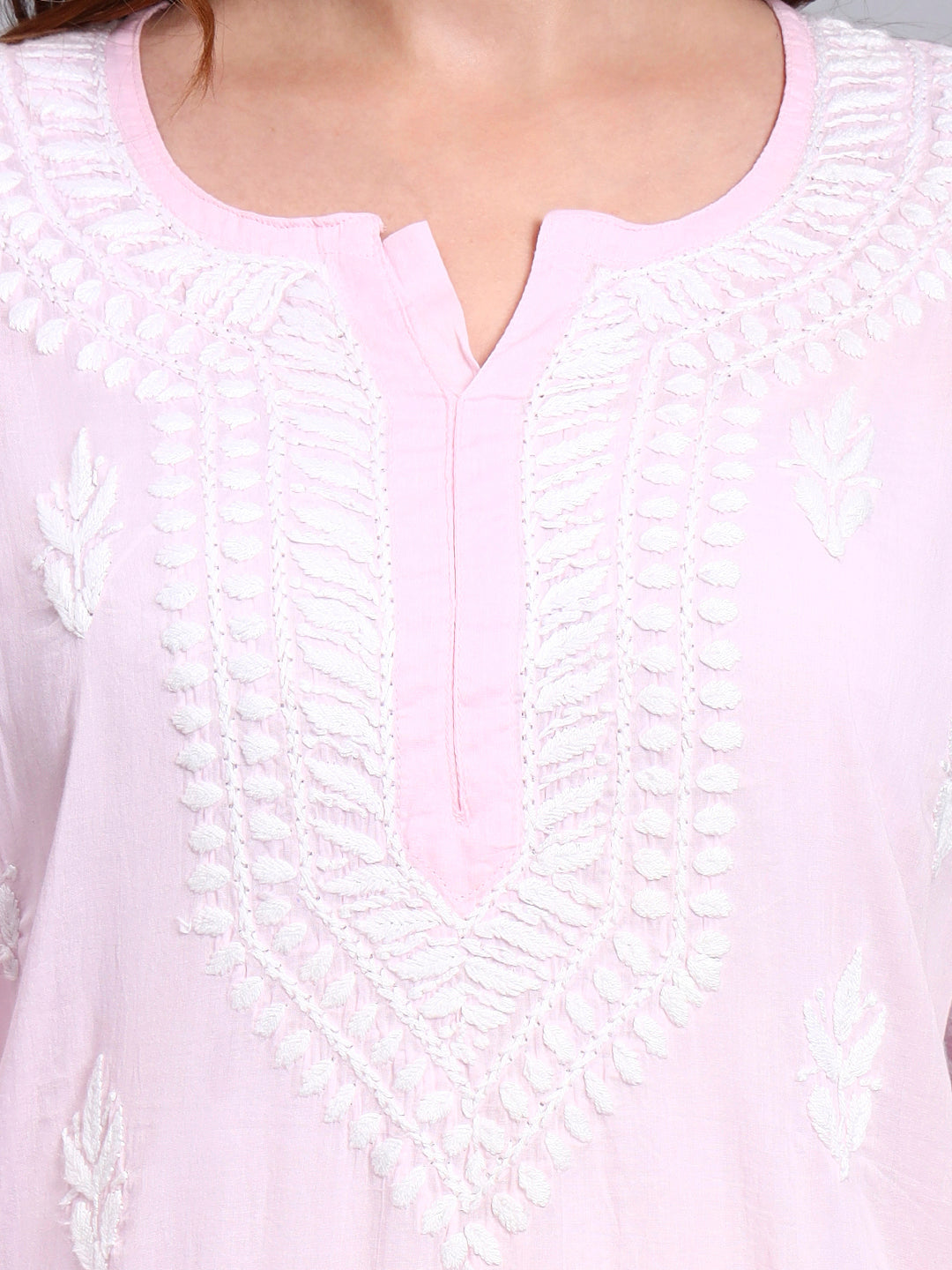 Women Hand Embroidered Chikankari Mulmul Kurti -AL3723 Pink
