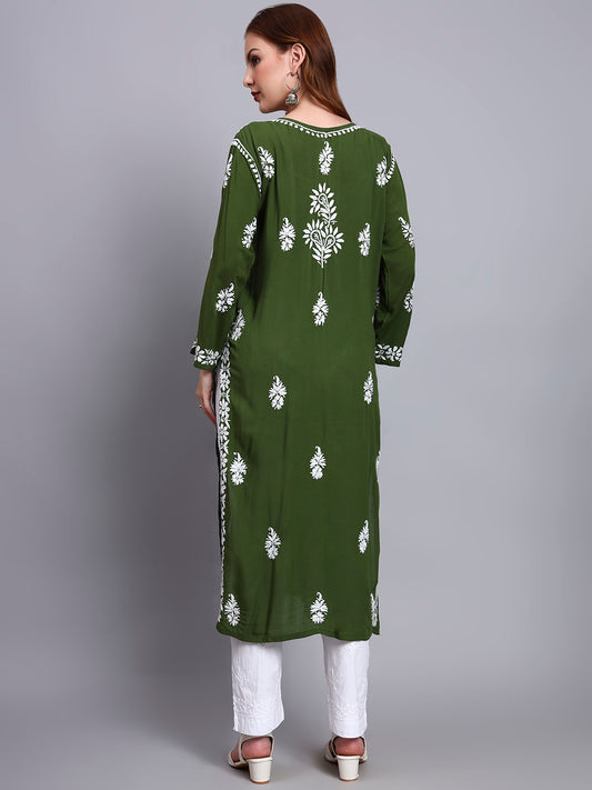Women Hand Embroidered Chikankari Modal Straight Kurta-AL4042 Forest Green