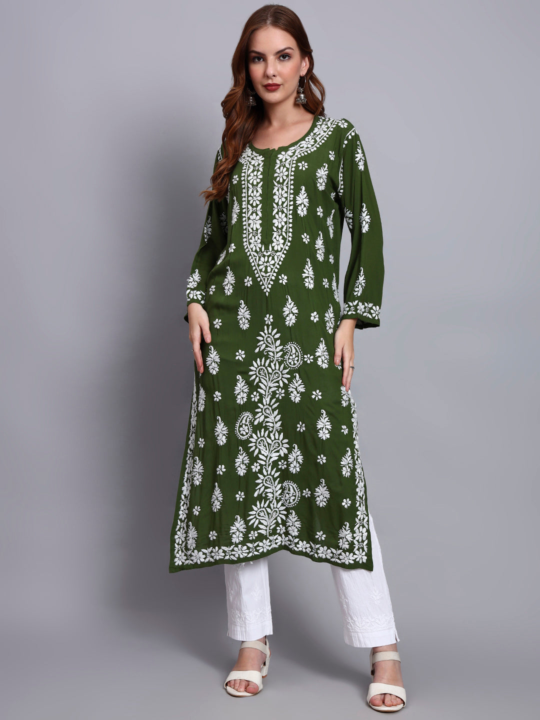 Women Hand Embroidered Chikankari Modal Straight Kurta-AL4042 Forest Green