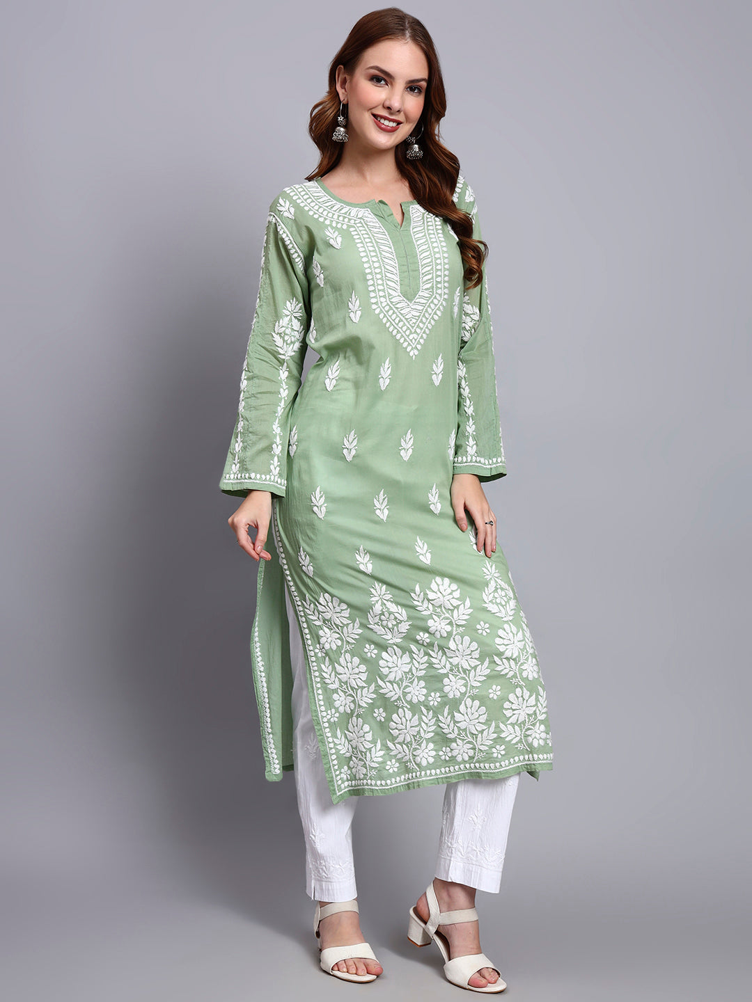 Women Hand Embroidered Chikankari Mulmul Kurti -AL3723 Green