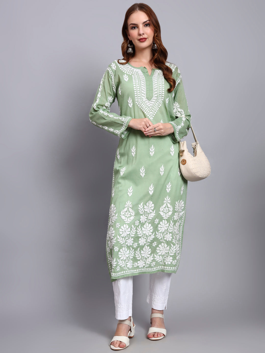 Women Hand Embroidered Chikankari Mulmul Kurti -AL3723 Green