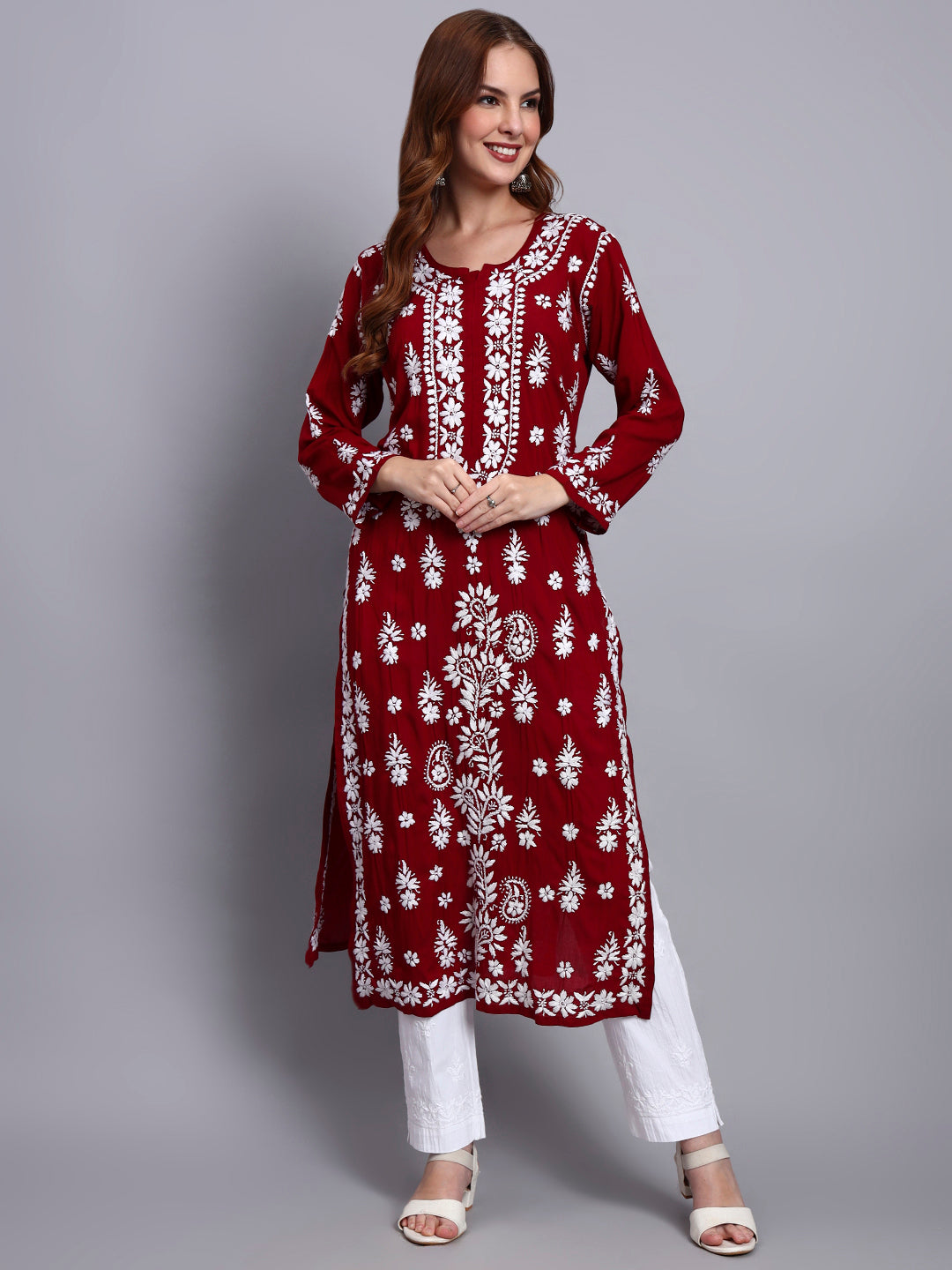 Women Hand Embroidered Chikankari Modal Straight Kurta-AL4042 Maroon